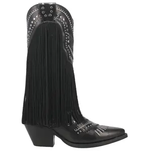 Dingo Womens Gypsy Studded Fringe Metallic Snip Toe Pull On  Casual Boots Mid Calf Mid Heel 2-3" - Black