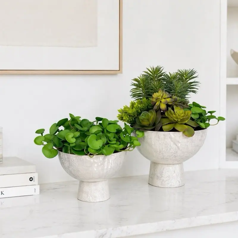 SET OF 2 ARTIFICIAL SUCCULENTS IN MODERN MARBLE METAL VASES