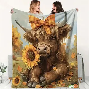 Whimsical Highland Cow Flannel Blanket, Cozy Autumn-Inspired Throw Blanket, Soft Shaggy Design for Home Decor, Camping, Office Warmth, Perfect Gift for Fall Lovers, Plush & Decorative