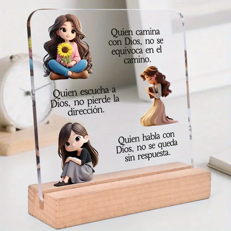 1pc, Spanish Language Acrylic Ornament with Wooden Base - Charming Desktop Decorative Plaque and Ornaments with Christianity Theme - Ideal for Birthday, Housewarming, Christmas, Holiday Gifts - Inspirational Tabletop Decoration