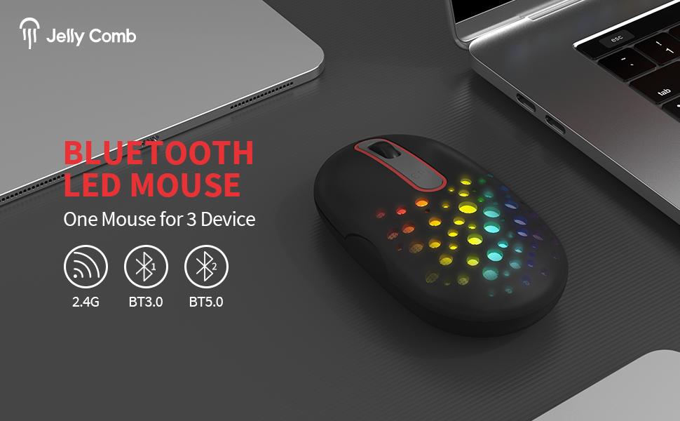 LED Bluetooth Mouse - Jelly Comb 3 Mode (BT5.0/3.0+USB) Rechargeable RGB Wireless Mouse Silent Optical Computer Mice for Laptop, PC, Mac, ipad, ipad Pro, Chromebook (Black)