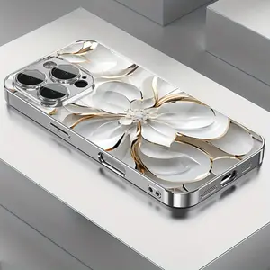 Light Luxury Elegant Ceramic Texture Gold Line White Flower Pattern Electroplated Glass Phone Case with Lens Protection Suitable for iPhone 16/16Pro/16ProMax/16Plus/15/15Plus/15Pro/15ProMax, 14/14Plus/14Pro/14ProMax, 13/13Pro/13ProMax, 12/12Pro/12ProMax,