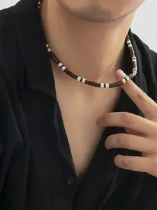 Boho Soft Clay Beaded Wooden Pearl Men's Necklace Choker Chain, Pearl Embellished, Stylish Casual Jewelry for Everyday Wear, Unique Handmade Accessory