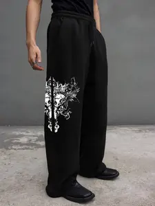 Men's Regular Fit Skull Print Drawstring Waist Sweatpants, Casual Comfy Jogger Pants for Daily Wear, Men's Trousers for Fall & Winter