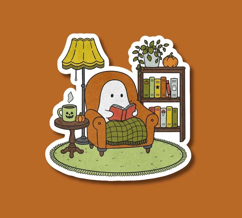 Cozy Bookish Ghost Sticker, Spooky Fall Autumn Art, Vinyl Book Sticker Gift
