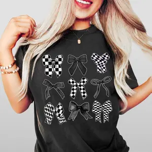 Youth + Adult Coquette Checkered Black Bow Shirt, Black Bows Coquette Shirt, Gift for Her, Gift for Mom, T-Shirt for Women, Coquette Bows Checkered T-Shirt