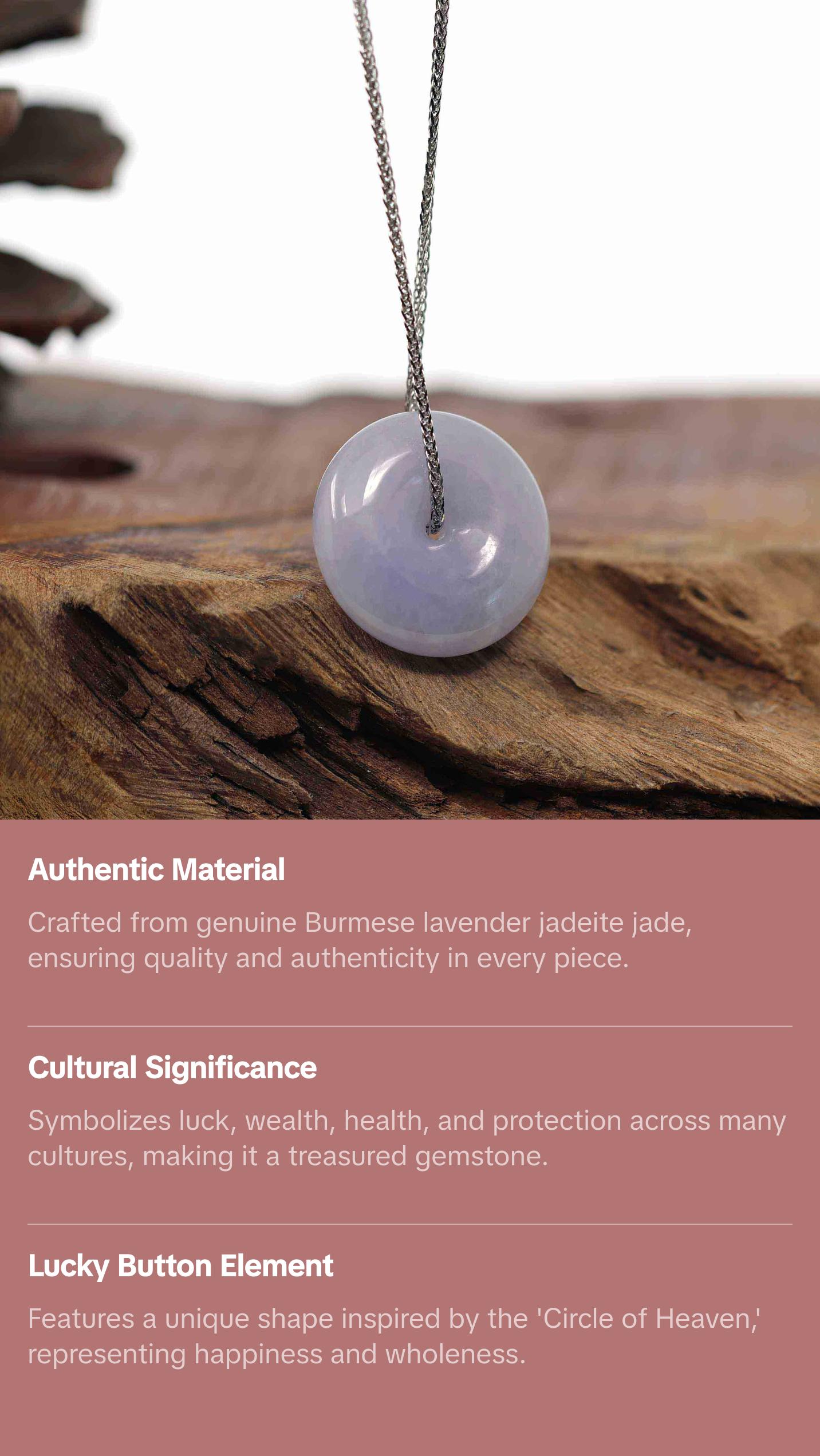 Baikalla "Good Luck Button" Necklace Green Lavender Jadeite Jade Lucky Ping An Kou Pendant
