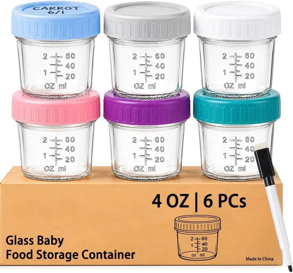 QUSEVOO 6-Pack 4 Oz BPA-Free Silicone Airtight Reusable Glass+Plastic Kitchen Food Storage Containers, Anti-Leak Sealed Nest Jars, Dishwasher-Safe for Meal Prep, Baby Shower Use