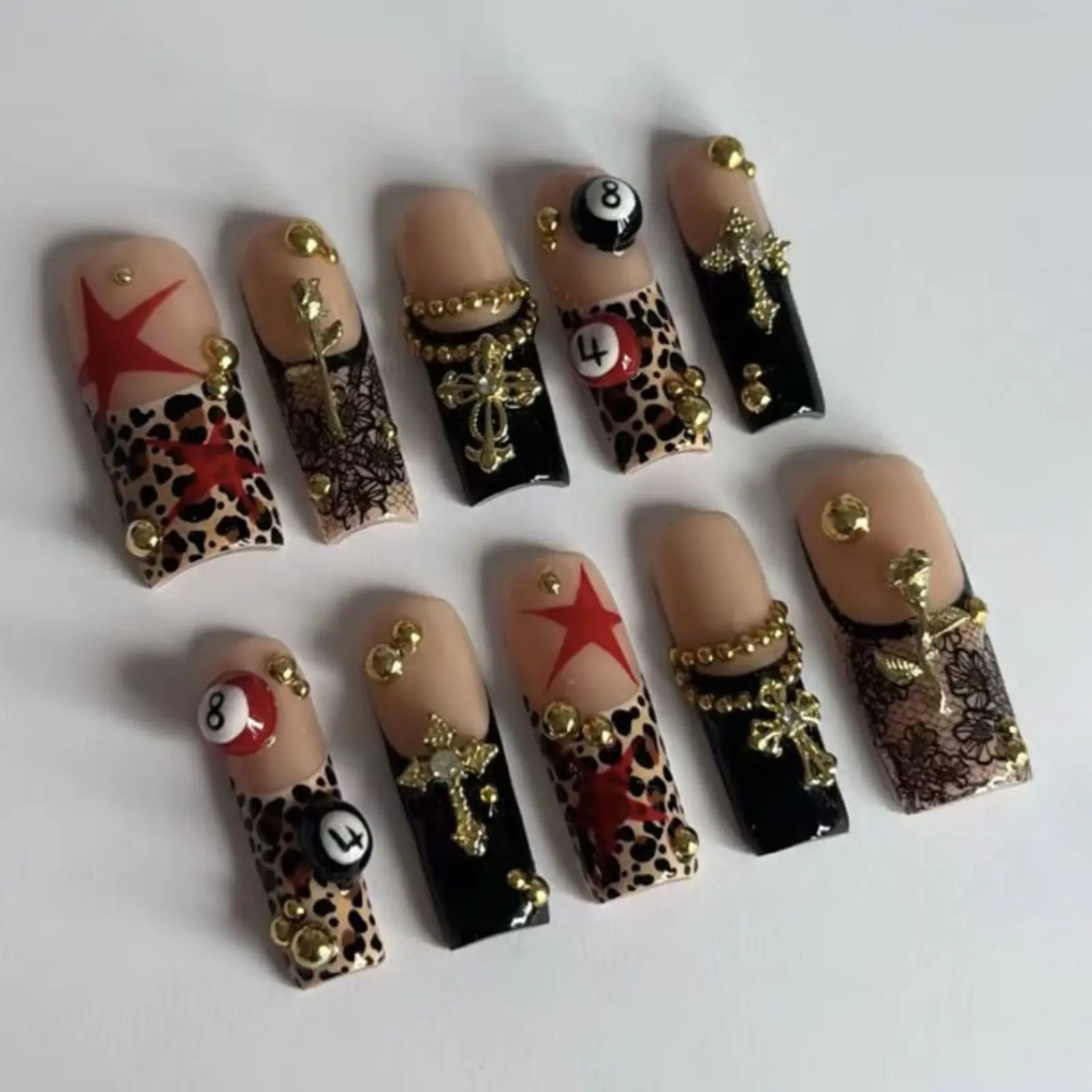 Y2K Leopard Cross Press On Nails | Gothic Gold Charm Nail Set | Edgy Black French Tip Press Ons
