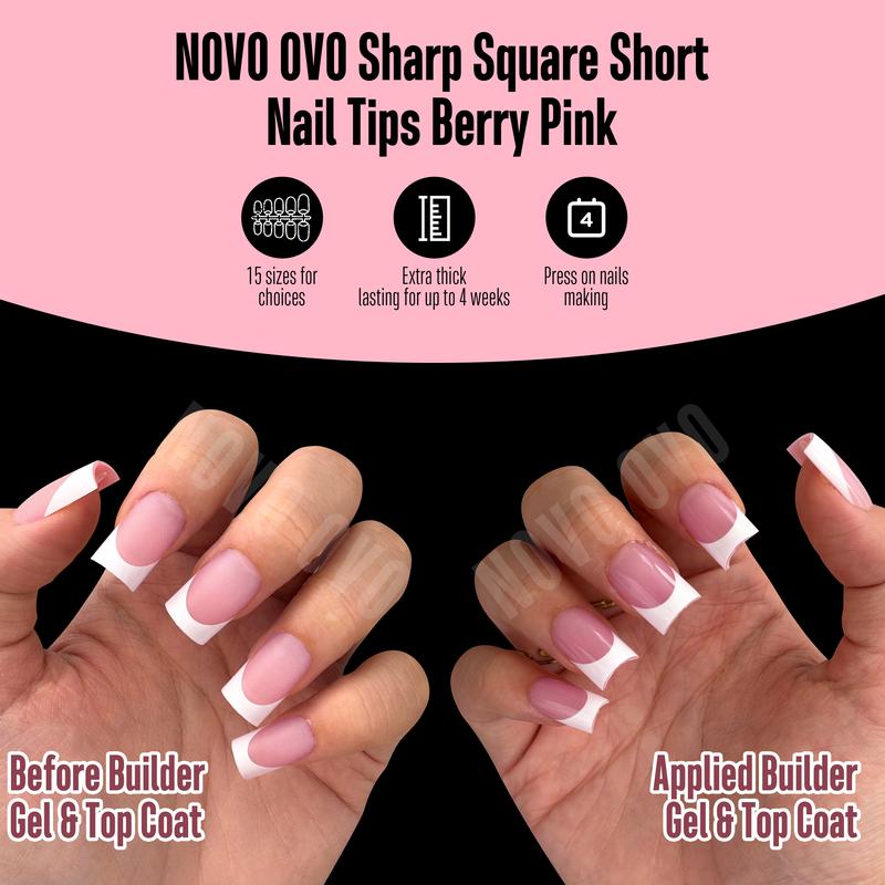NOVO OVO Short Sharp Square White French Tip Nail Tips Press on BERRY PINK, Need Builder Gel Top Coat Nail Glue, Soft Gel Fake Nail Extension, Full Cover False Nails for Salon DIY x 15 Sizes 240 pcs【NO GLUE ,TOP COAT AND LAMP INCLUDED】