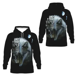 【Wolf & Moon "True Wolf" Quote Hoodie】Mystical Dark Print Top | Men/Women Oversized Stylish Streetwear | Black Base & Wolf Portrait + Lunar Quote Graphic Hoodie | Trendy Wilderness Vibe Daily Fashion