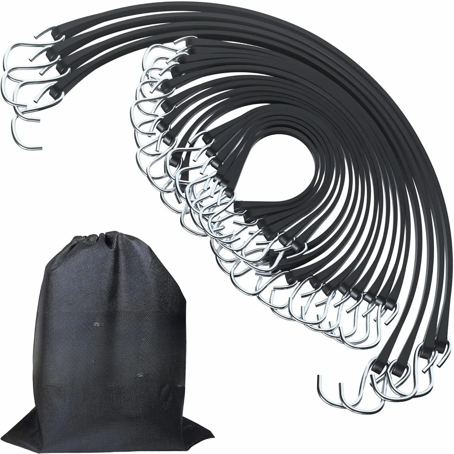20Pack (15", 21", 31") Rubber Bungee Cords with S Hooks - Quality EPDM, Heavy Duty Black Bungee Straps, Ideal for Outdoor Tie Downs, Securing Tarps, Canvases, Cargo in Cold Hot Climates