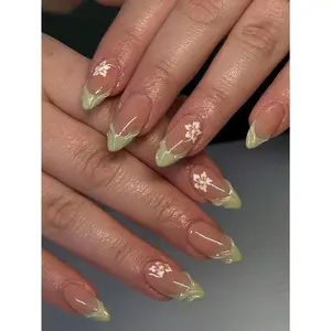 24PCS Elegant French Green Border & White Flower 3D Press-On Nails – Medium to Long Almond Nails!