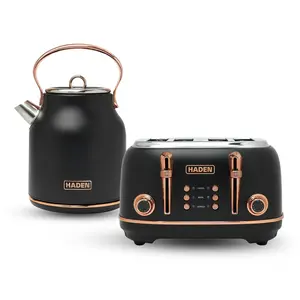 Haden Heritage 4 Slice Wide Slot Toaster & Electric Kettle, Black & Copper