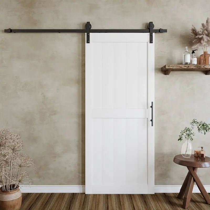 White  Sliding Barn Door,H-Frame,Pre-Finished  PVC Surface for Full Access Pantry Door,With Hardware Kit& Handle& Floor Guides,Pre-Drilled Holes Easy Assembly - Include Installation Manual