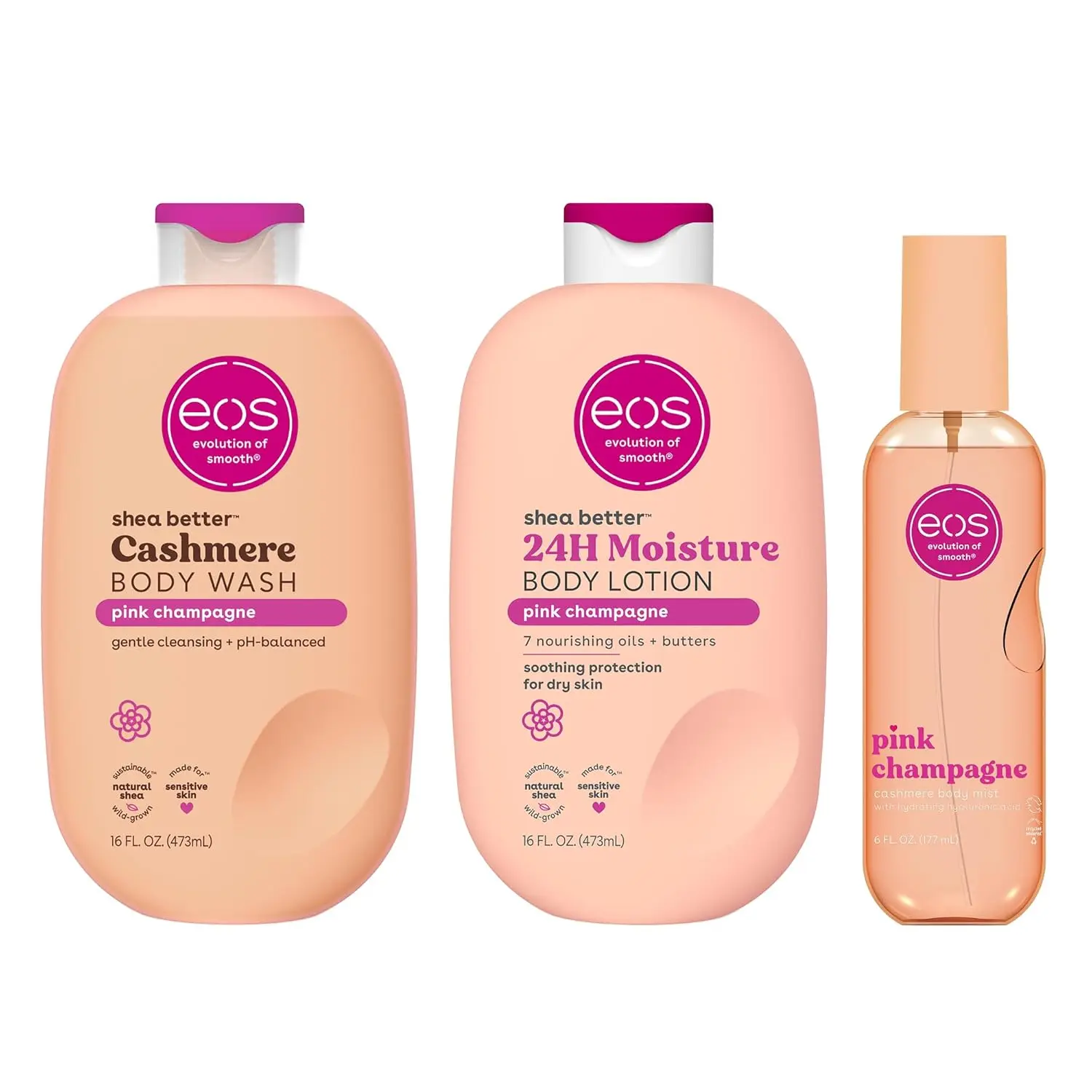 eos Essentials Bundle - Body Wash, Body Mist, Body Lotion - Pink Champagne