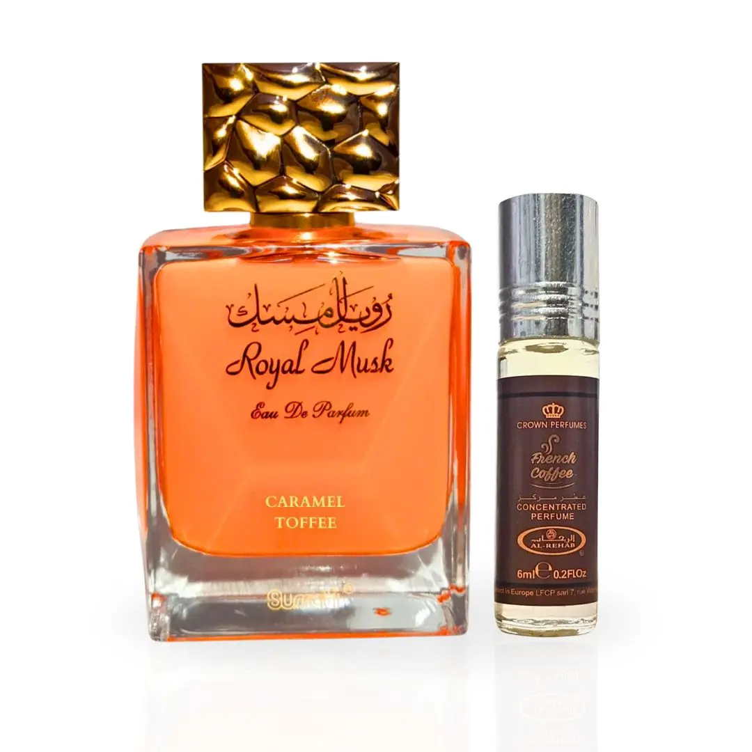 Royal Musk Caramel Toffee EDP Spray 100ML (3.4OZ) By Surrati & French Coffee Perfume Oil 6ML (0.2OZ) By Al Rehab | Decadent, Gourmand And Indulgent Scents. (GOURMAND BUNDLE)
