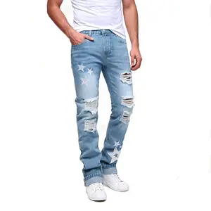 Men's Light Blue Distressed Ripped Jeans with five-point star embroidered holes | Trendy Streetwear Denim Pants