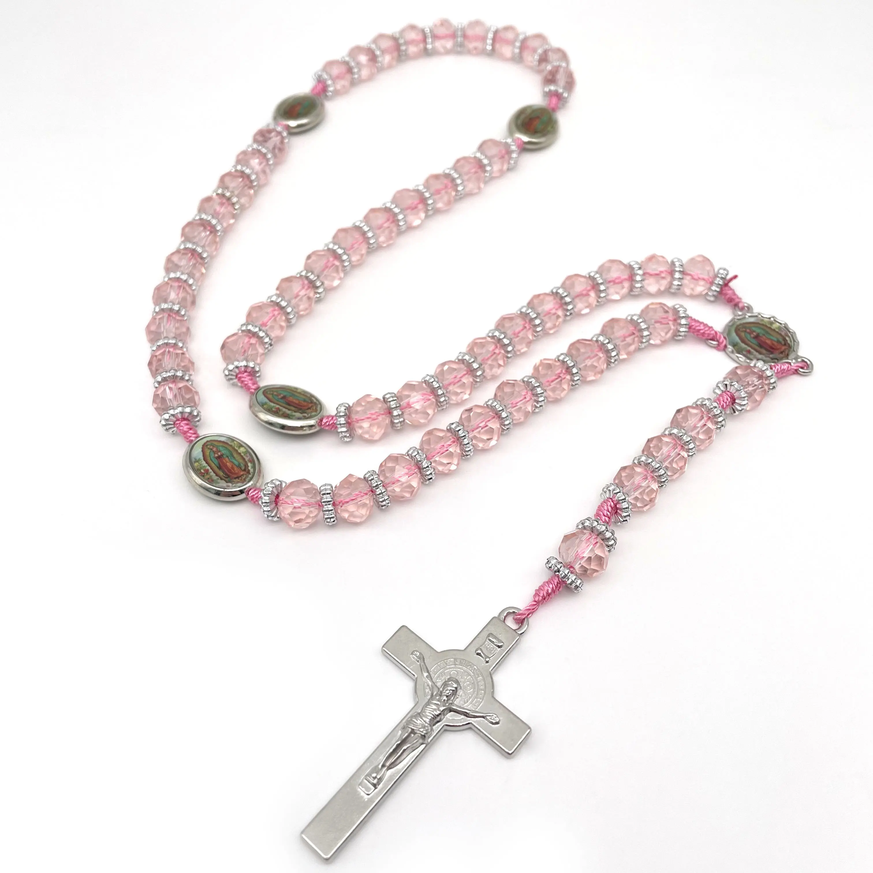 Crystal Beads Catholic Rosary Crucifix Necklace, Our Lady of Gudalupe (Pink) Collar Crucifijo Rosario Católico Cuentas de Nuestra senora de Gualdalupe (Rosado)