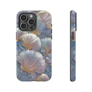 Durable Shockproof Polycarbonate & Silicone Stained Glass Seashell Casing, Mosaic Print Blue Coastal Phone Case for iPhone 17-13 Pro Max, Samsung S26-S24, Google Pixel 9-8, Phone Aesthetic Mobile Protection Accessory