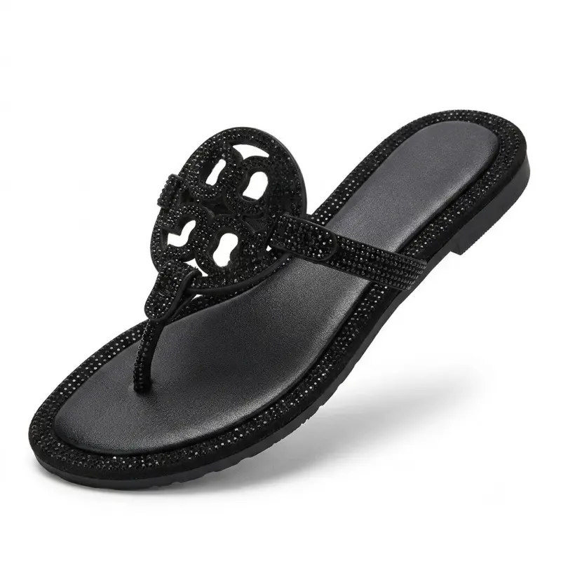 Women's Cushion Flat Thong Footwear - Rhinestone-Embellished Cutout T-Strap Flip Flops, Dressy Comfort Women's Sandals for Summer, Beach, Casual Walking, Walking Shoes, Flip Flops Women