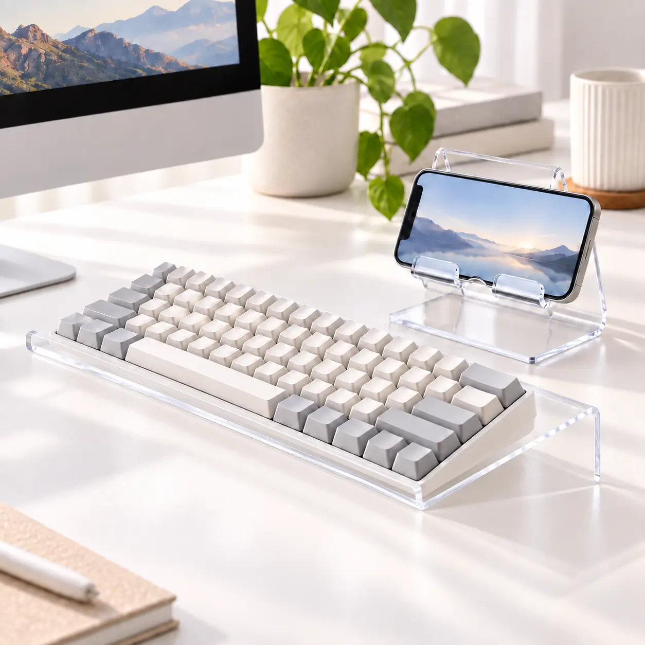 2-in-1 Ergonomic Transparent Acrylic Keyboard Riser & Phone Holder Set, Minimalist Office Furniture Desk Accessory