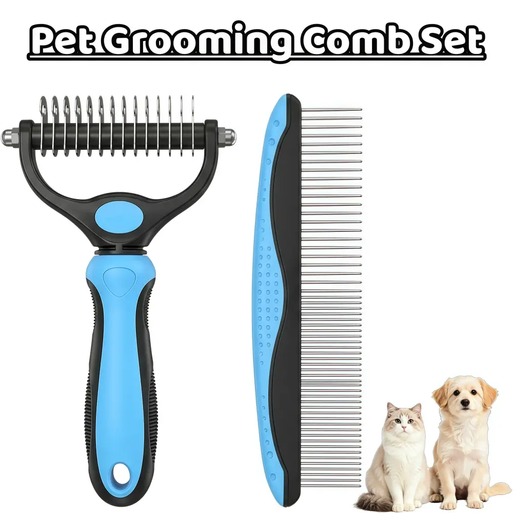 2 PCS Pet Grooming Kit - Blue Dual-Sided Stainless Steel Dematting Rake & Comb, Anti-Scratch Deshedding Tool for Cats & Dogs, Ergonomic Non-Slip Hair Remover for Detangling Knots & Loosening Matted Undercoat cleaner poodle double-sided removal comb easy