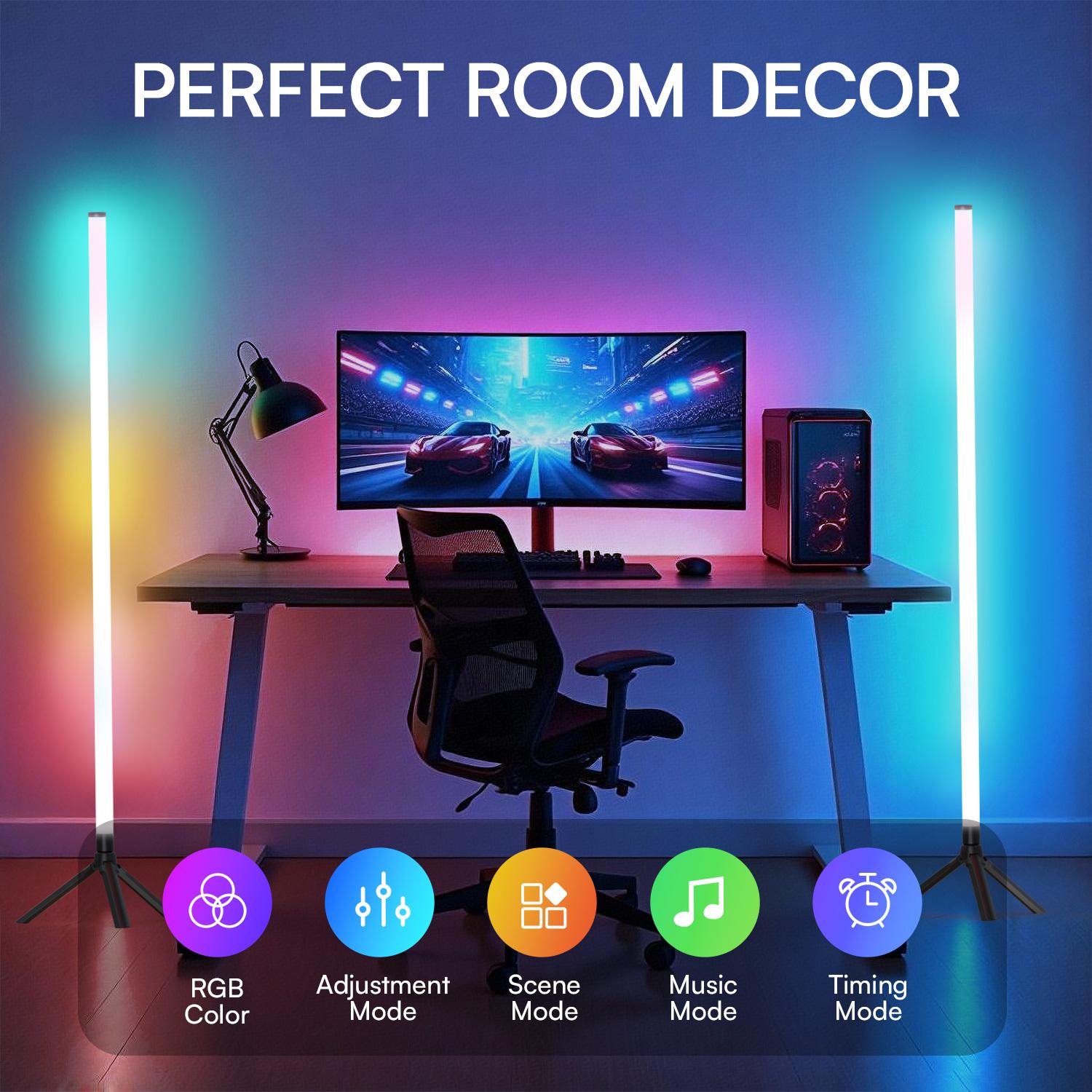 RGB Corner Floor Lamp with App & Remote Control 16 Million Colors Music Sync Timer Dimmable LED Mood Light for Bedroom Gaming Room Living Room Home Office Party Decor