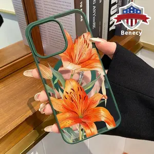 Orange Lily Grace Pattern Magnetic Phone Case Supports Wireless Charging for iPhone 15 16 14 Pro Max 13 12 11 XR XS Plus E Shockproof Non Slip Protection Silicone Transparent Acrylic Cover Cellphone Protective