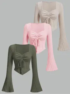 Women's Solid Color Bow Decor Tee Top, Casual Chic Feminine Long Sleeve T-shirt for Daily Wear, Ladies Clothes for All Seasons