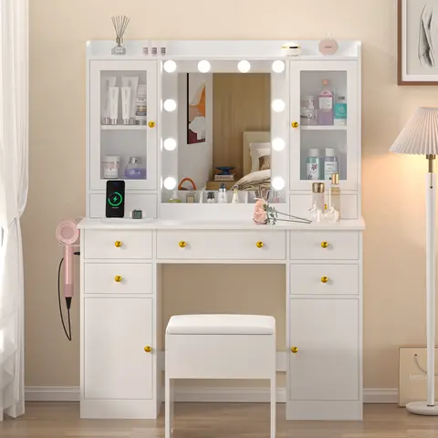 Women’s Sturdy Stable Glass Vanity with Mirror - Traditional & Modern Makeup Vanity Set, 3 Makeup Trays, Storage Drawer, Charging Station, Cabinet, Chair, App-Button Control RGB Lights (3 Lighting Modes), Assembly Required, Bedroom Organization Unit