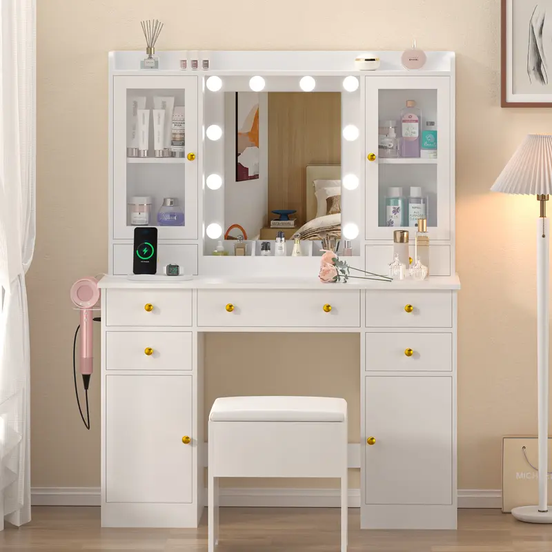 Women’s Sturdy Stable Glass Vanity with Mirror - Traditional & Modern Makeup Vanity Set, 3 Makeup Trays, Storage Drawer, Charging Station, Cabinet, Chair, App-Button Control RGB Lights (3 Lighting Modes), Assembly Required, Bedroom Organization Unit