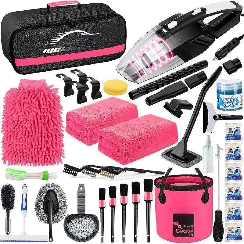 Pink 41-Piece Interior Clean Kit, Household Car Detailing Cleaning Set with High-Power Handheld Vacuum, Collapsible Bucket, Windshield Tool, Gel, Snow Shovel, Tire Brush
