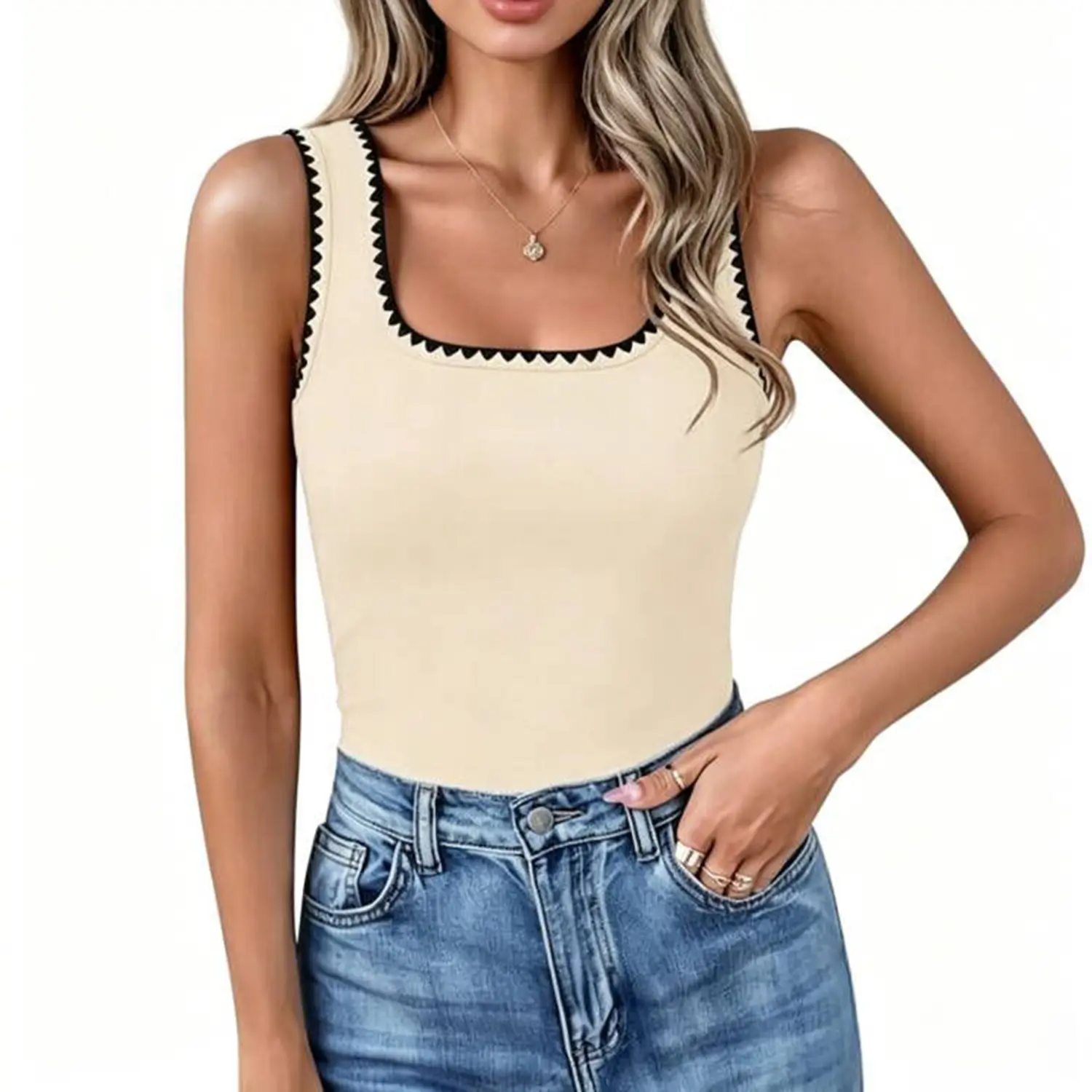 Encolax Women’s Square Neck Tank Tops 2026 Summer Sleeveless Shirts Casual Slim Fitted Color Block Ribbed Tanks