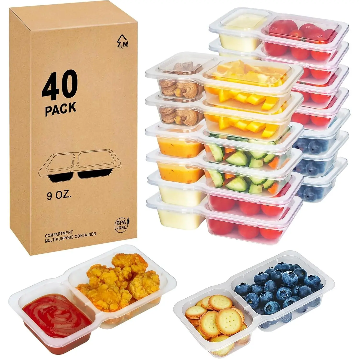 Snack Containers with , 9 oz Double Compartment Plastic Snack Pack Containers Portion Control Meal Prep Snack Boxes  40 Sets for Work Travel School