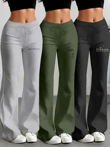Women's Fashion Pants, Flared Straight-Leg Design with Classic English Text Print, Medium Stretch Fabric, Three-Pack, Summer Wardrobe, Trendy Printed Trousers, Everyday Fashion Bottoms