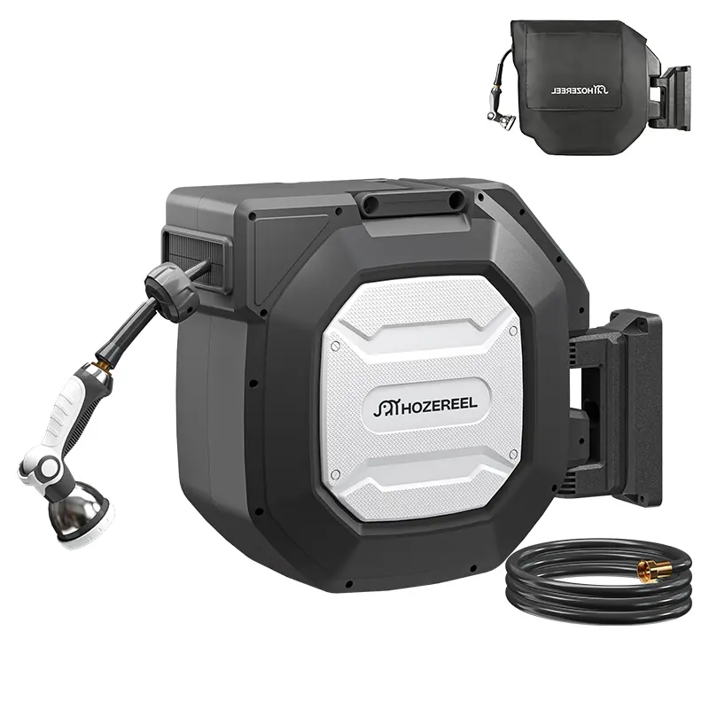 HOZEREEL 5/8" x 100 ft Heavy Duty Retractable Garden Hose Reel by HOZEREEL, Outdoor Garden Hose Reels - Self Retract Wall Mount Hose Reel Automatic Storage, Any Length Lock, 10 Pattern Nozzle