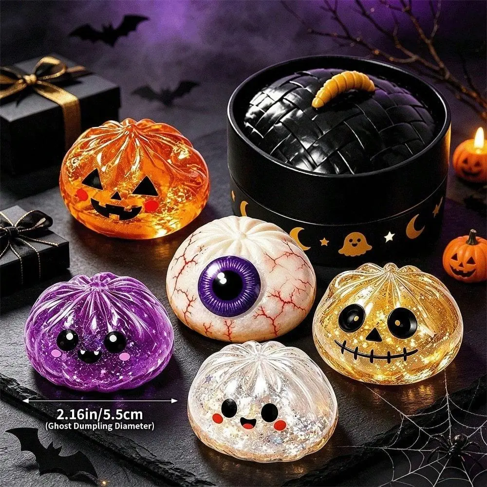 Halloween Squishy Toys Set (1 Set: 5 Steamed Buns + 5 Steamer Baskets) - Maltose Squeeze Relax Balls, Cute Buns, Soft Dough Fidget Items, Sensory Toys for 3+ Years Kids, Party Bag Gifts