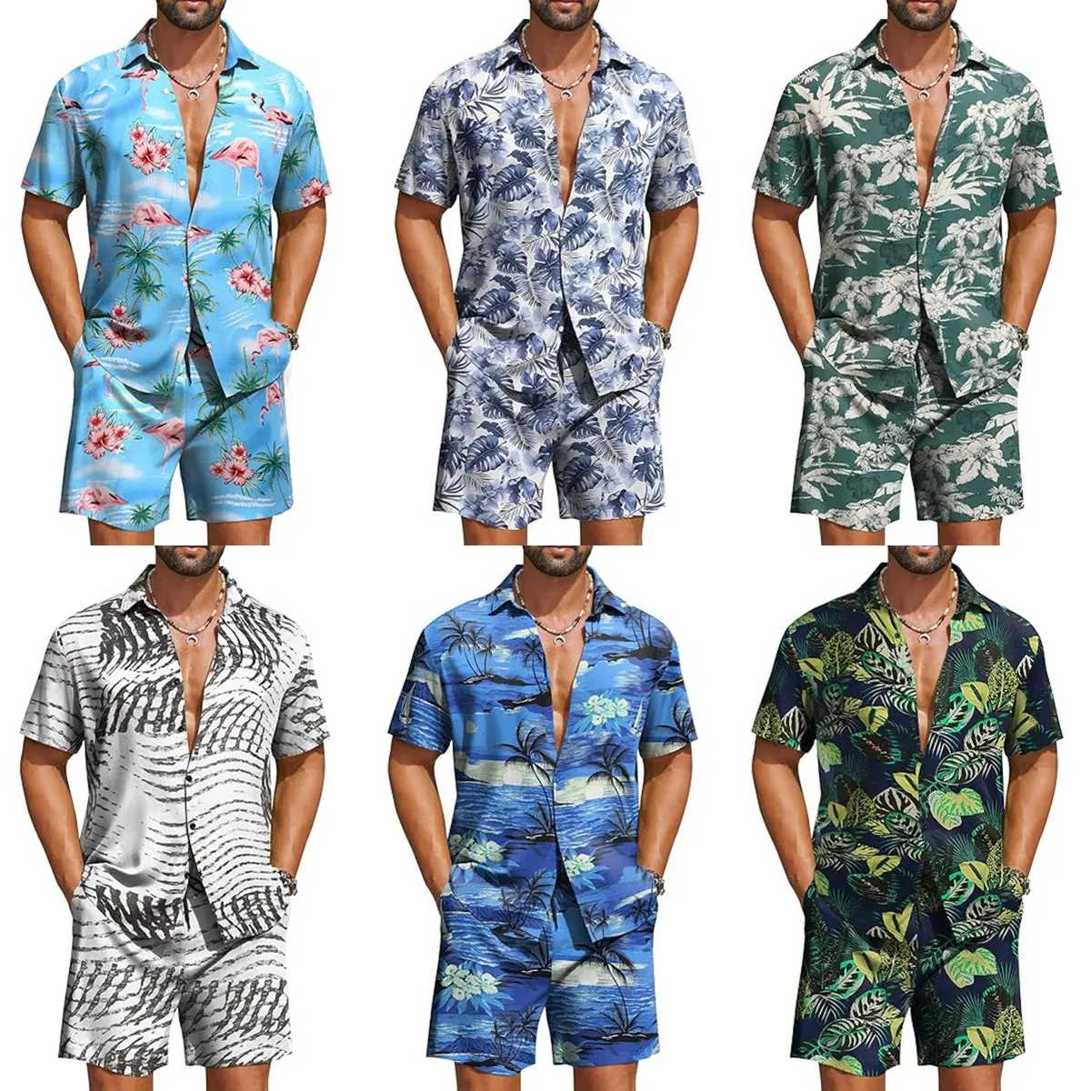 Men's Floral 2-Piece Set, Hawaiian Flamingo Print Shirt & Shorts, Lightweight Menswear for Beach Vacations, Plus Size 2XS-6XL, Floral Two-Piece Shorts & Top Sets