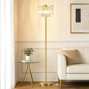 Floor Lamps for Living Room, Gold Floor Lamp with On/Off Foot Switch, Standing Lamp with Double Layer Crystal Bars Lampshade, 63" Tall Floor Lamps for Bedroom Corner Office(3 Bulbs Included)