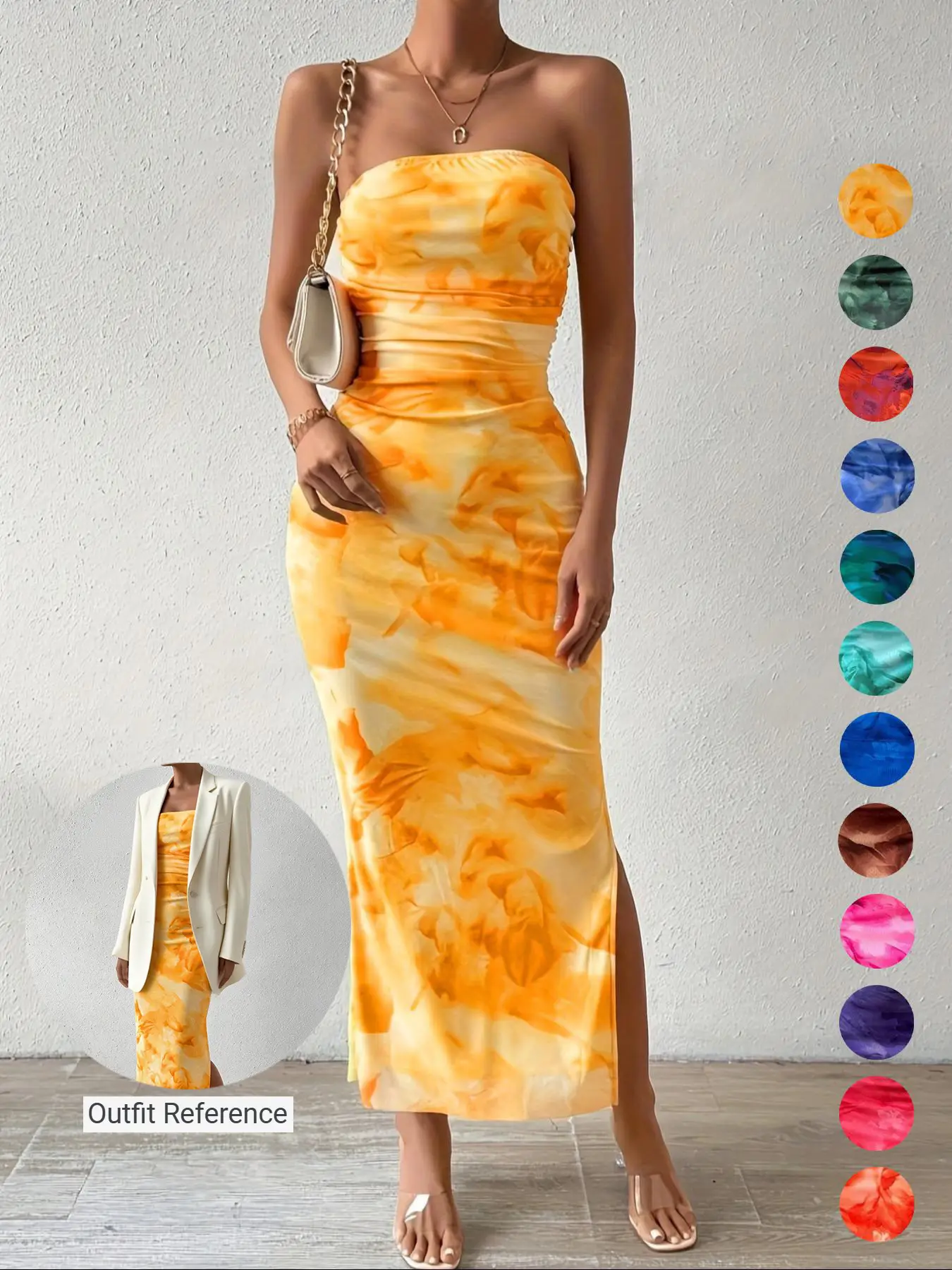 Women's All Over Print Ruched Backless Split Thigh Bodycon Tube Dress, Sundress Maxi Dress, Elegant Sleeveless Long Dress for Summer, Ladies Clothes f