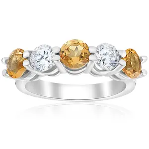 2 1/2ct Citrine & Diamond 5-Stone Ring 14K White Gold
