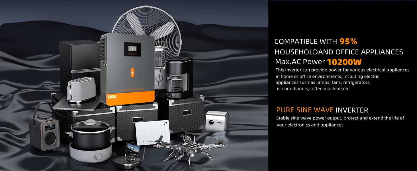 【EU Standard Voltage】PowMr 10200W Solar Hybrid Inverter 48V DC to 220V/230V AC, Pure Sine Wave, 50Hz/60Hz, Batteryless support, Built-in 160A MPPT Controller for Home RV Off-Grid System, work with 48V Lead Acid and Lithium Battery