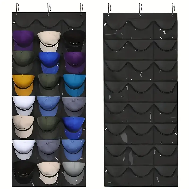 1 baseball cap storage rack, for behind the door, 24 transparent pockets, baseball cap storage rack, hat storage for baseball caps, Hat Organizer, wall-mounted wardrobe storage