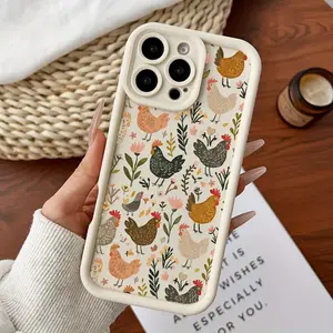 Phone case: Softcase for iPhone 16 Pro Max 15 Plus 14 13 12 11 XR XS Case Green Plant Chicken Collage Thin Case with  Lens Protector Anti-Scratch Aesthetic Design