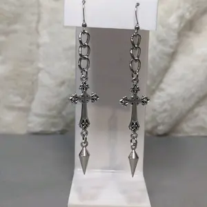 Cross Charm Earrings With Chain and Silver Spike