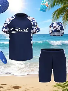 Summer Boys' Two-Piece Swimsuit Set, Fashionable Simple Design, Quick-Dry Breathable Short Sleeve Swim Trunks & Cap Three-Piece Suit, Swimwear Sets, Swimsuits With Shorts