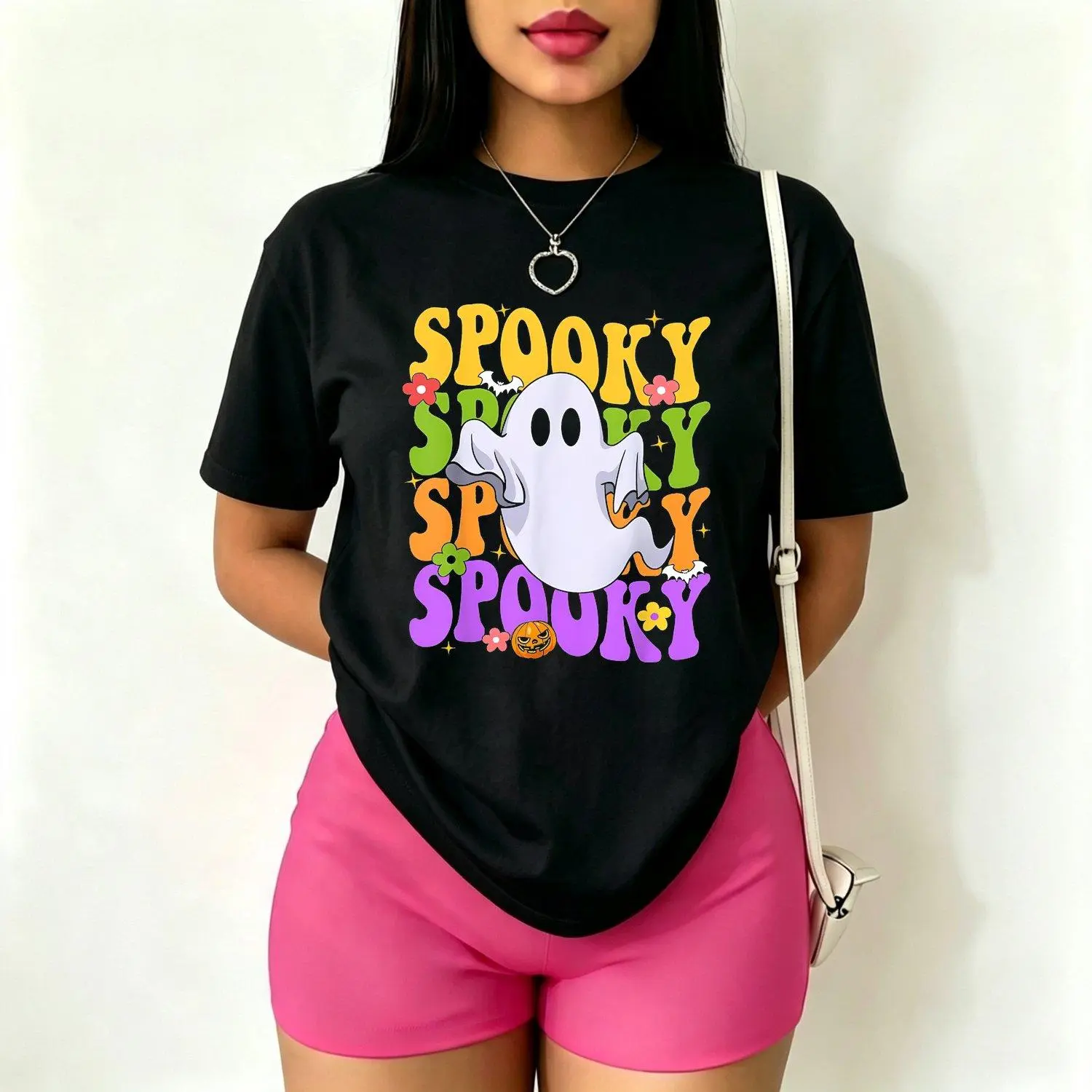 Women's Short-Sleeve Cotton Round Neck Breathable Graphic Tee Tops, Hipster Ghost Print Halloween Costume Top for Fall Holiday Casual Style