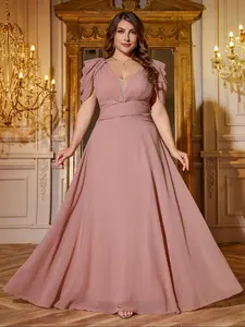 【Plus Size】 Solid Color Princess Sleeve Chiffon Overlay Dress, Elegant Chic Deep V Neck Sleeveless Evening Party Gown, Women's Formal Wear Clothes for Special Occasions, Womenswear