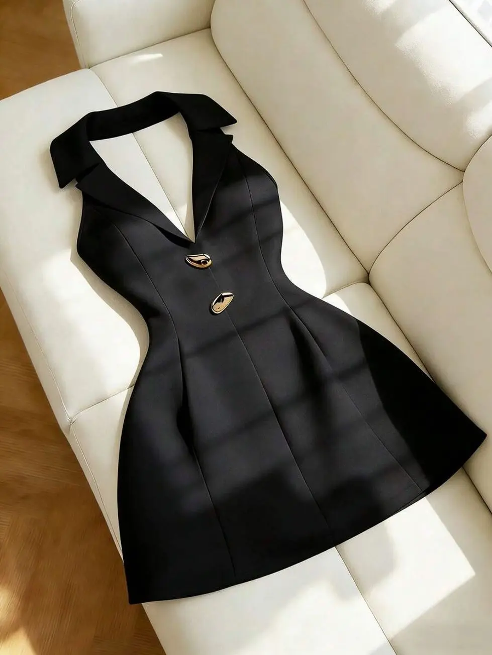 Women Elegant Halter Neck Mini Dress Formal Sleeveless A Line Dress With Lapel Collar And Gold Button Detail For Party Cocktail Office Wear